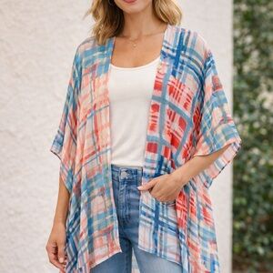 Lightweight Plaid Open-Front Cardigan - Coral & Blue OS